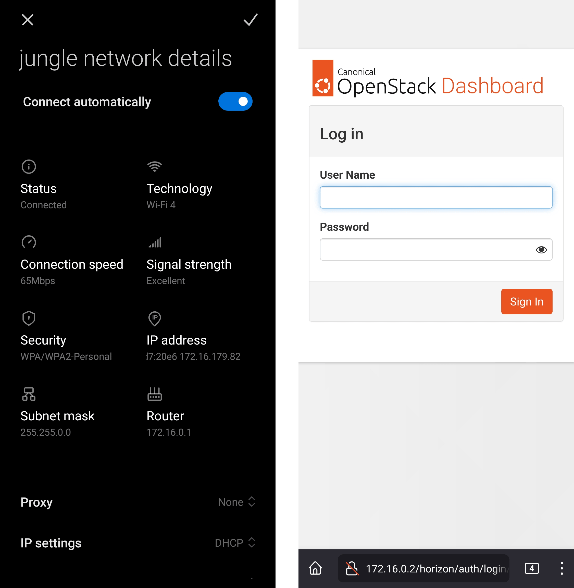 Side-by-side phone screenshots of network settings and OpenStack dashboard