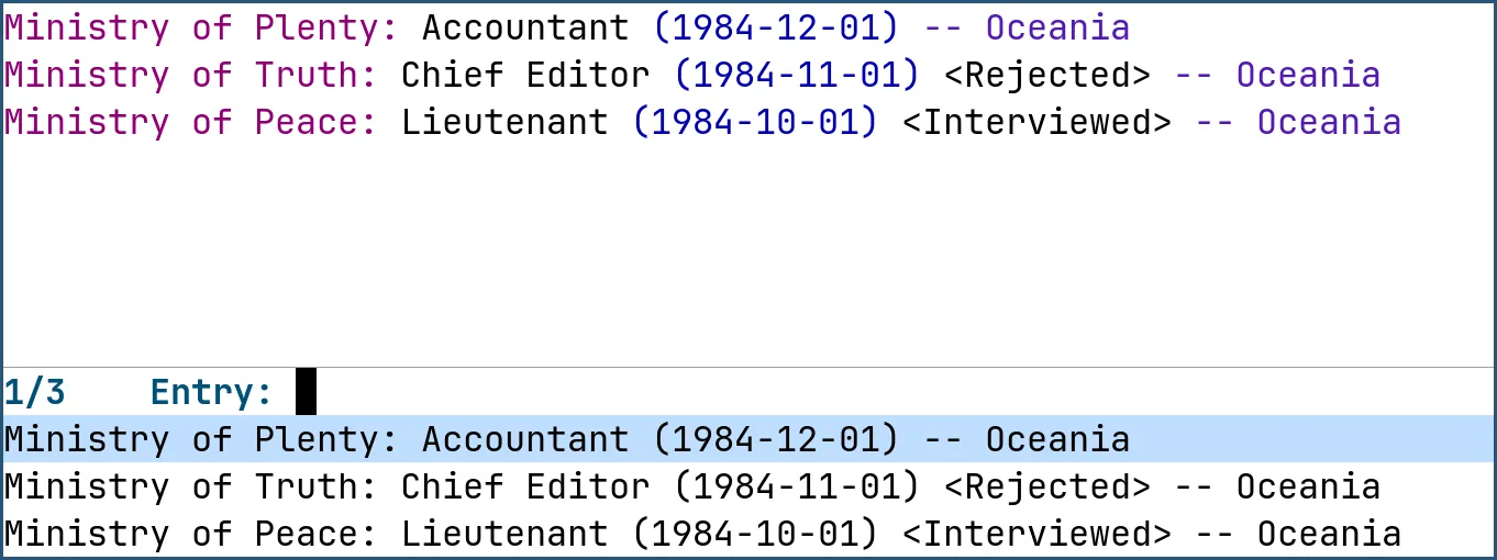 Emacs frame showing joblog selection menu on one side and the text format on the other